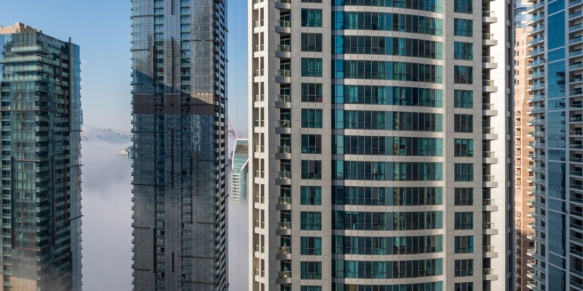 Panoramic view of Dubai residential developments from the water