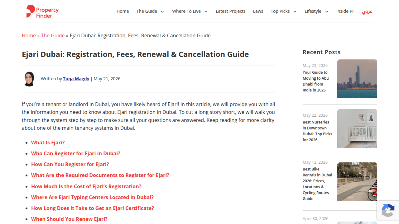 Screenshot of a Property Finder guide on Ejari registration in Dubai, outlining the steps for legally binding tenancy contracts.