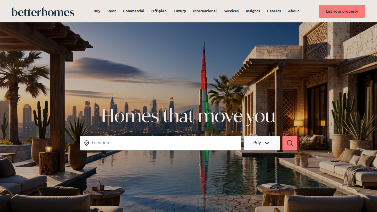 Screenshot of the Betterhomes real estate website, a prominent brokerage in Dubai, providing information and services in the property market.