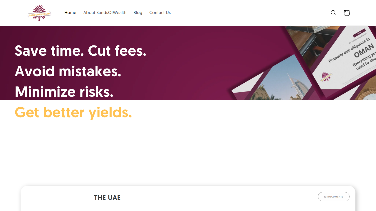 Screenshot of Sands of Wealth homepage, providing market insights and reports on real estate.