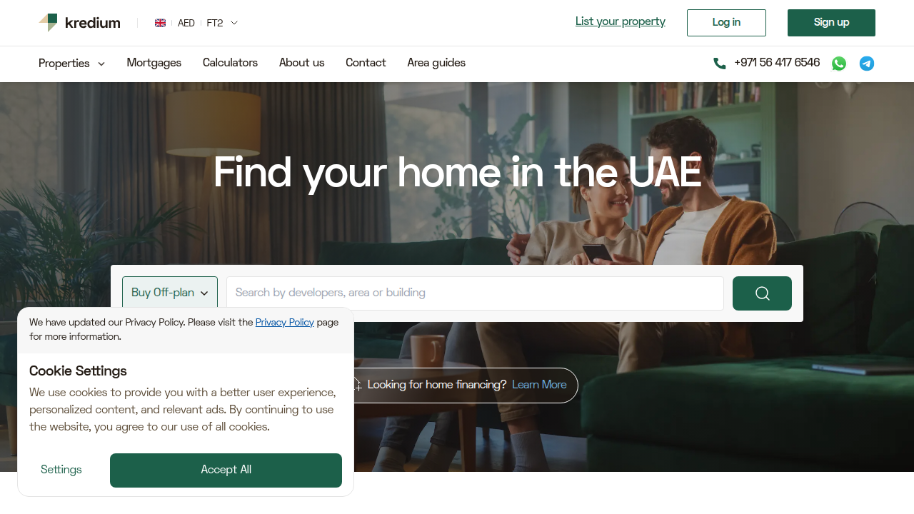 Screenshot of Kredium homepage, a platform offering information on living costs and property.