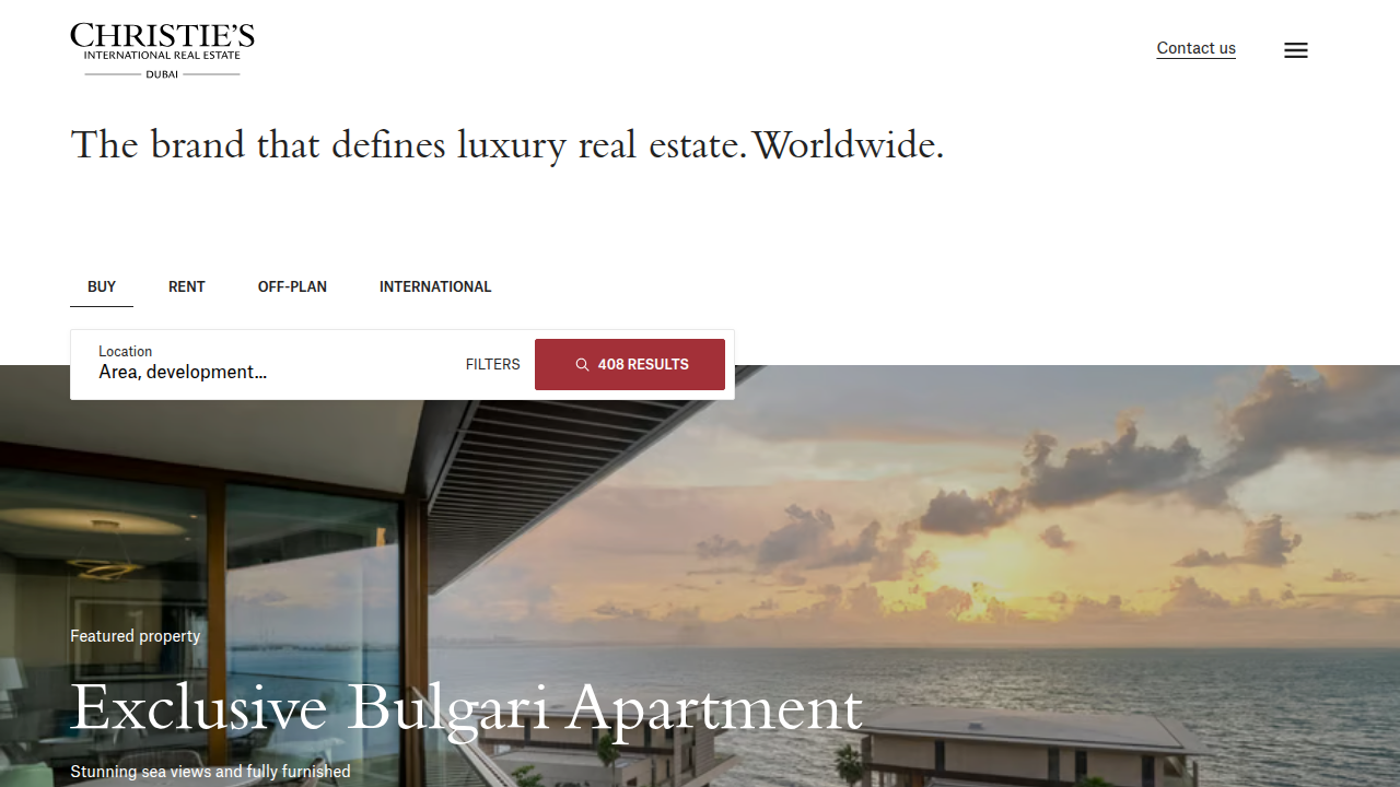 Homepage of Christie's International Real Estate Dubai, a luxury property agency.