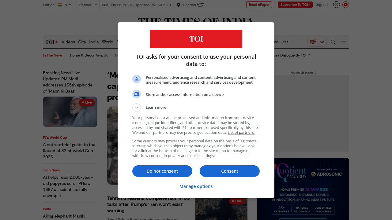 Screenshot of The Times of India's homepage, a global news publication.