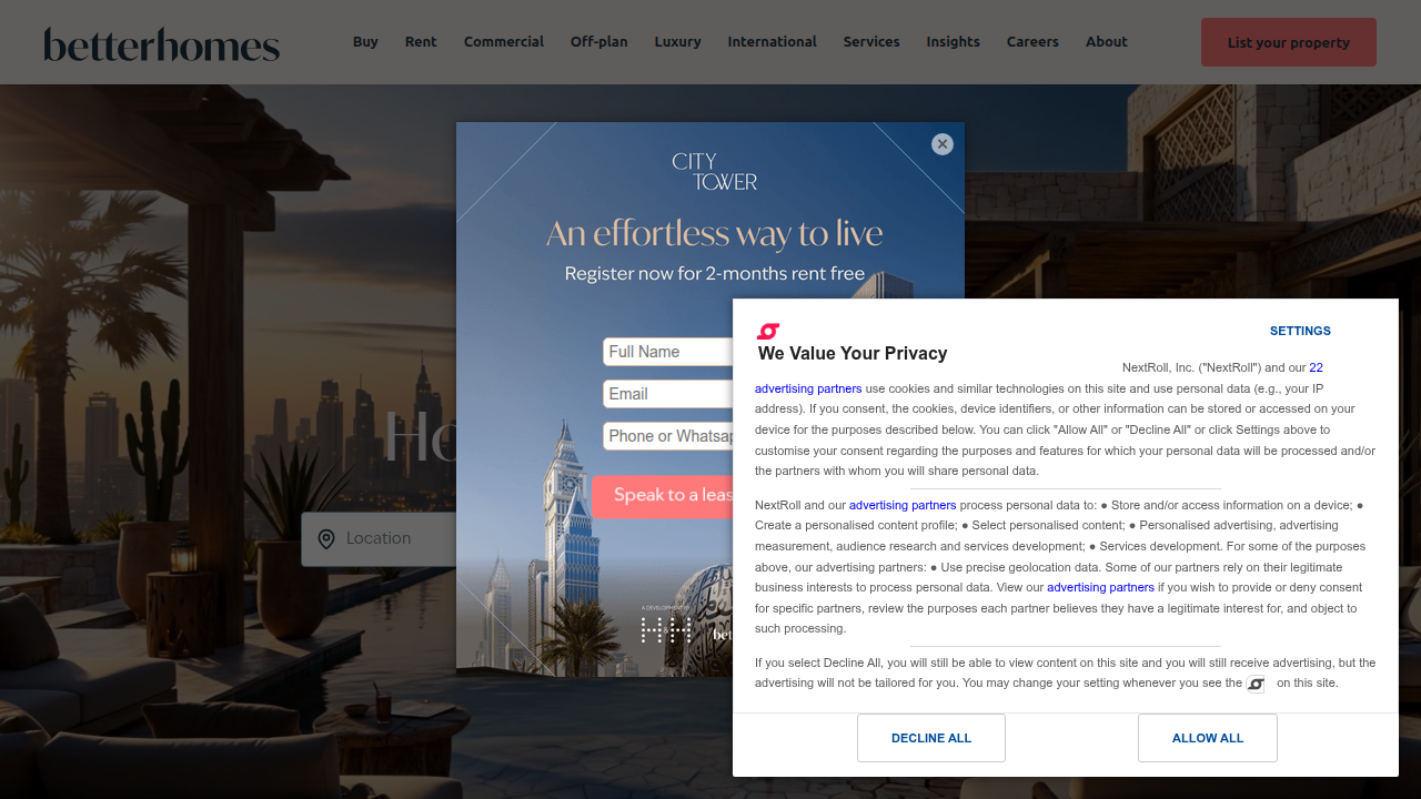 Screenshot of Betterhomes website, a prominent real estate agency in Dubai.