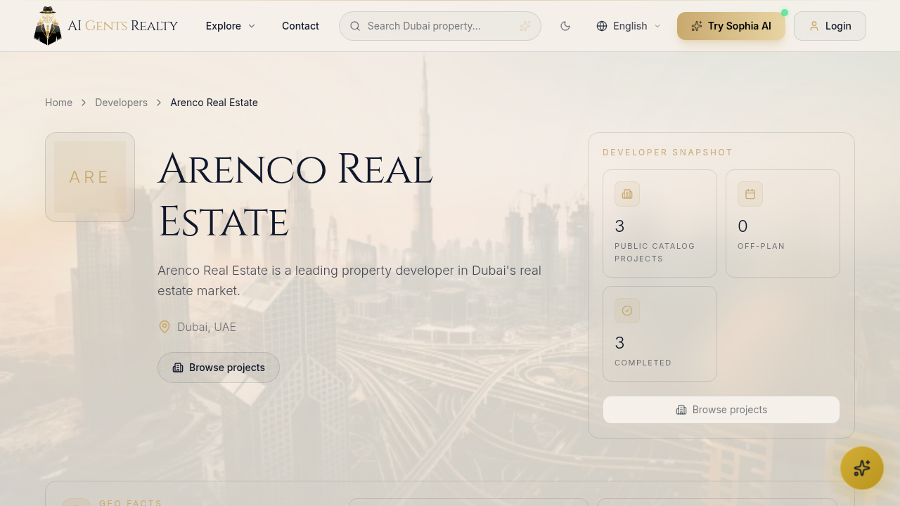 Screenshot of AI Gents Realty's catalog showing Arenco Real Estate's completed projects.