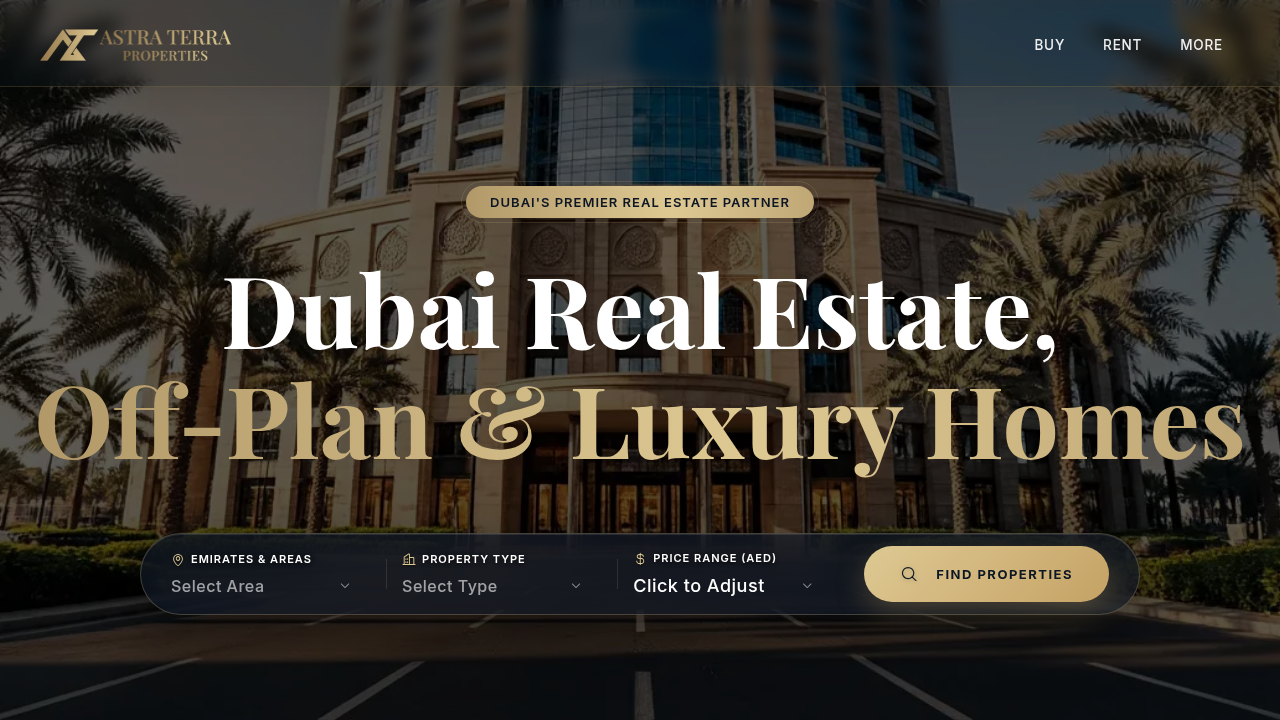 A screenshot of the Astraterra.ae homepage, a real estate platform in Dubai.