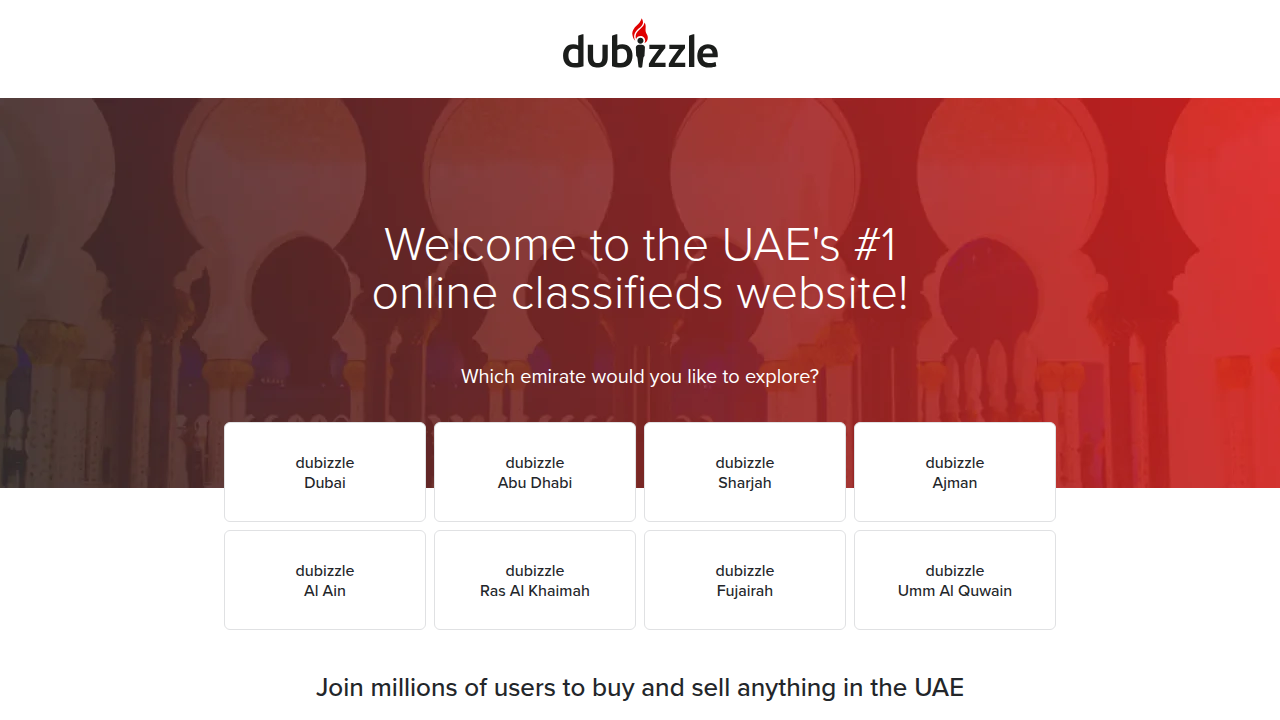 A screenshot of the Dubizzle.com homepage, a popular classifieds and property portal in the UAE.