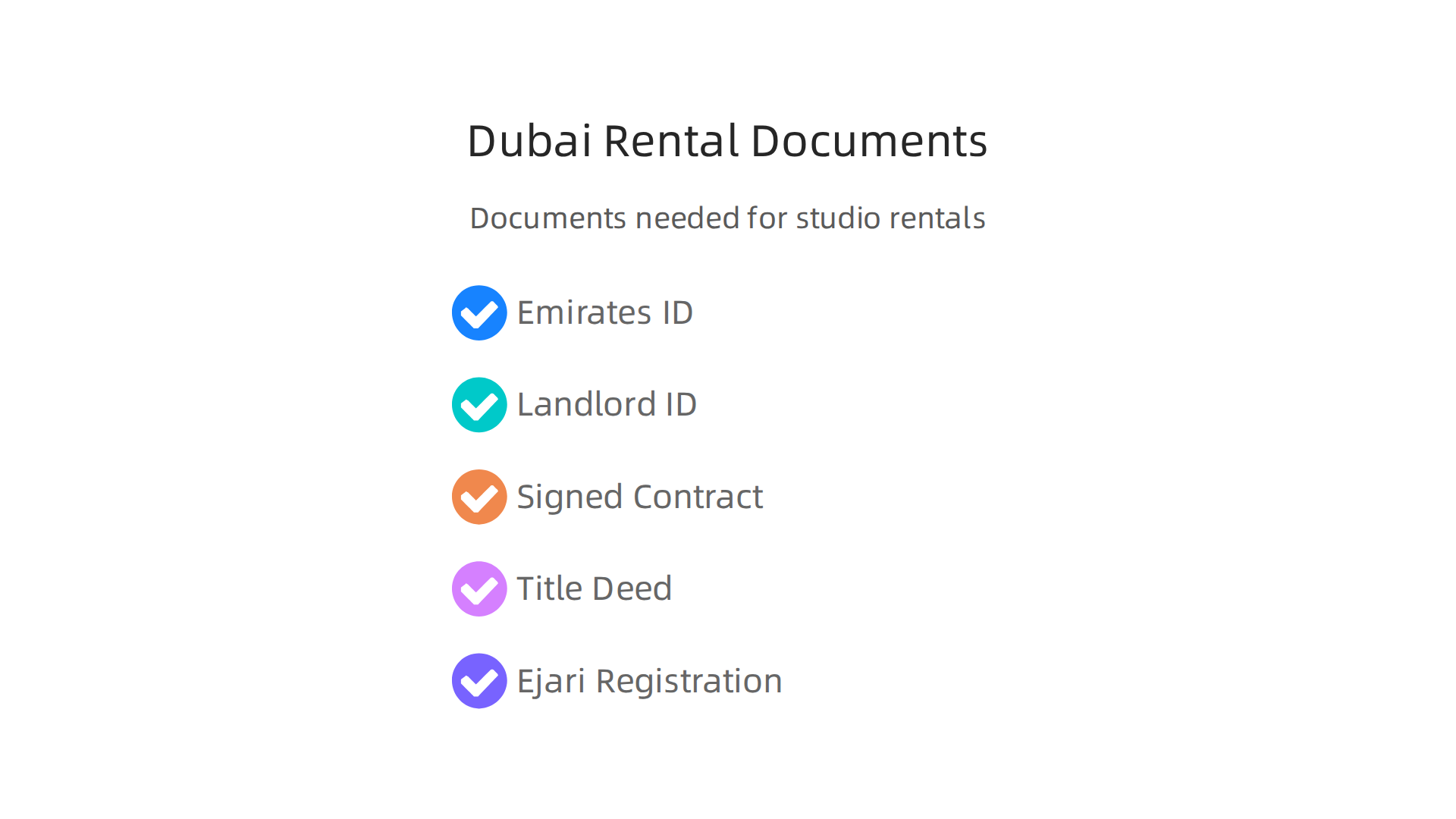 Essential documents required for tenants and landlords when renting a studio apartment in Dubai.