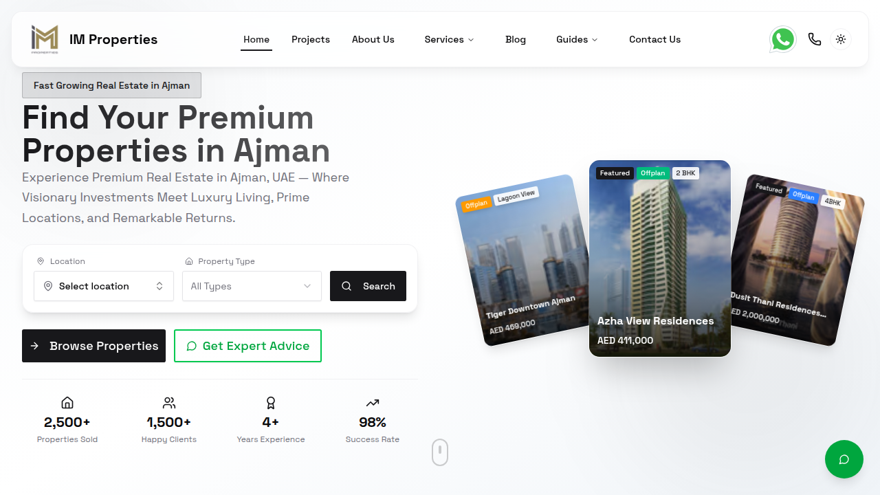 A general overview of a property portal's homepage, showcasing multiple listings and search functionalities in the UAE.