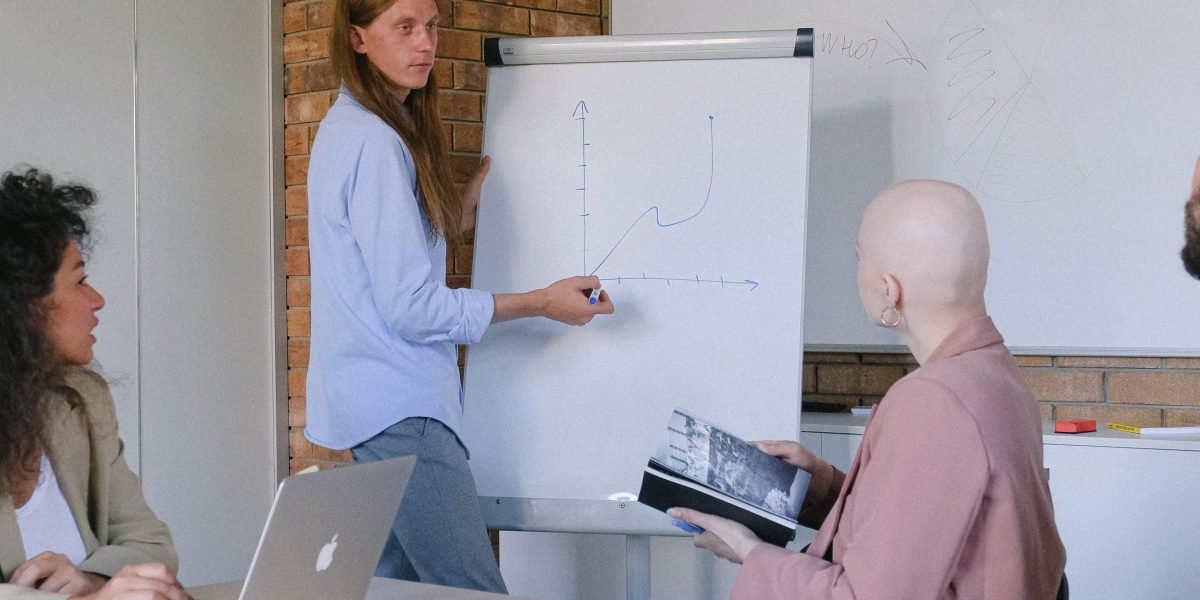 A team collaborating around a whiteboard, strategizing and planning their approach to real estate investment.