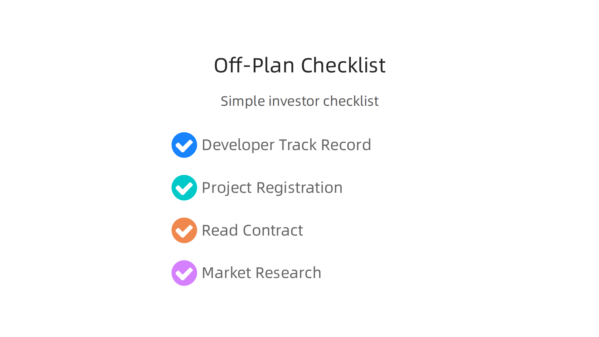 A simple checklist to guide investors when considering off-plan property investments in Dubai.