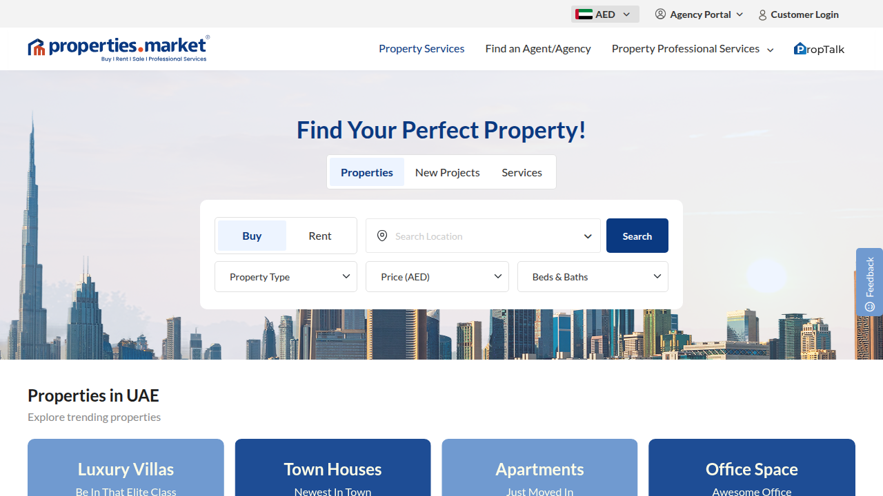 Screenshot of Properties.market/ae/, a resource for real estate market insights and rental yield guides in the UAE.