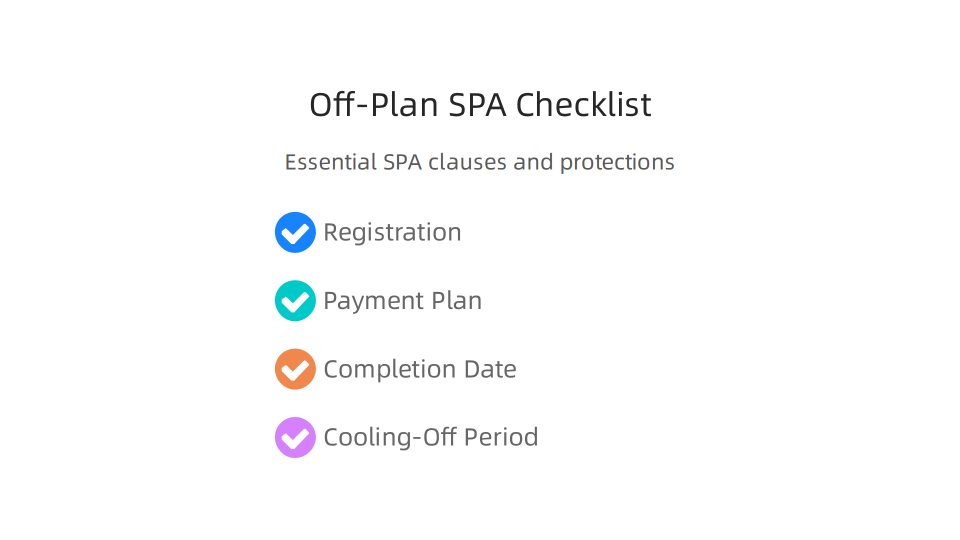 Essential clauses and protections to look for in a Sale and Purchase Agreement (SPA) for off-plan property in Dubai.